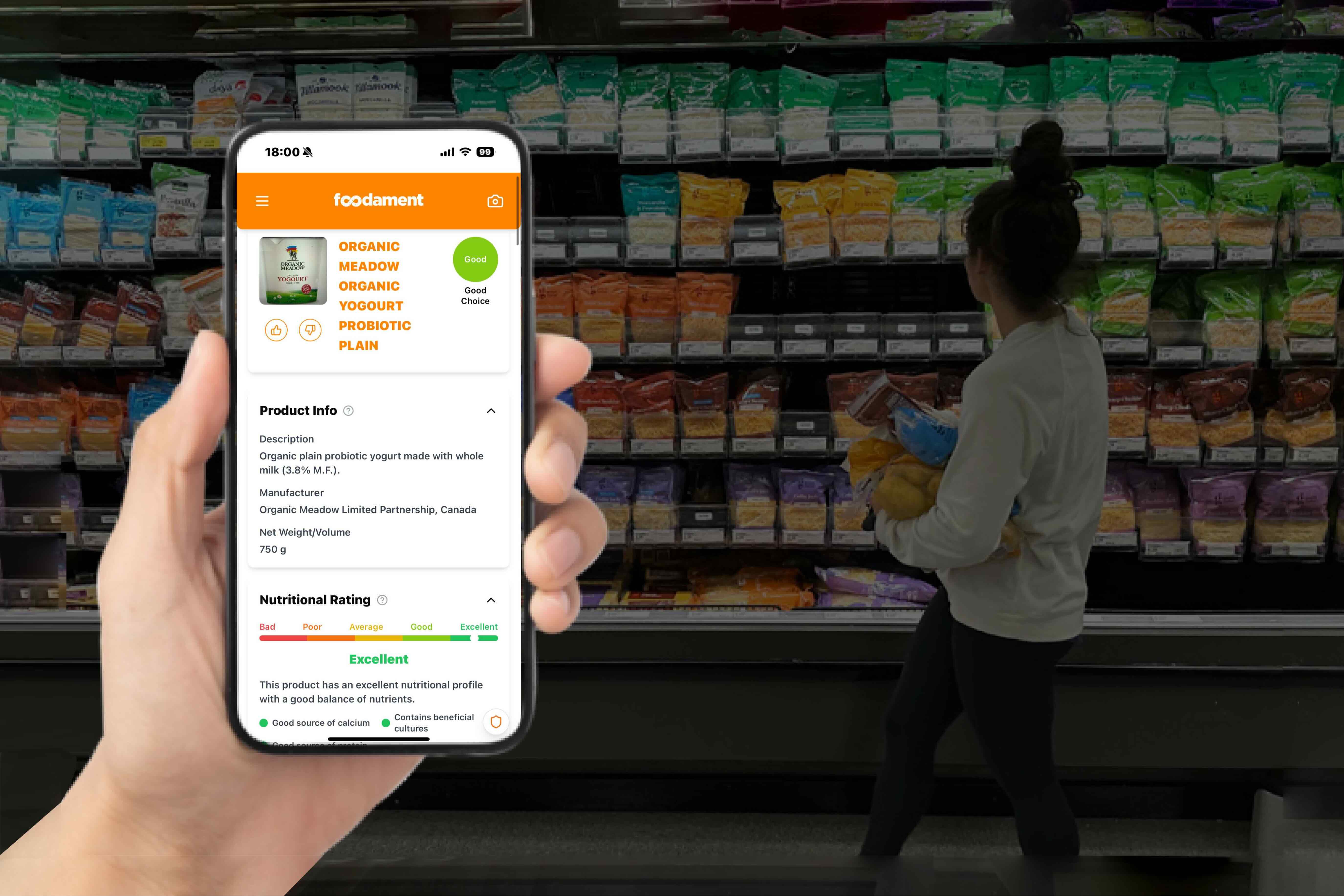 Person using Foodament AI food analysis app in grocery store to scan products