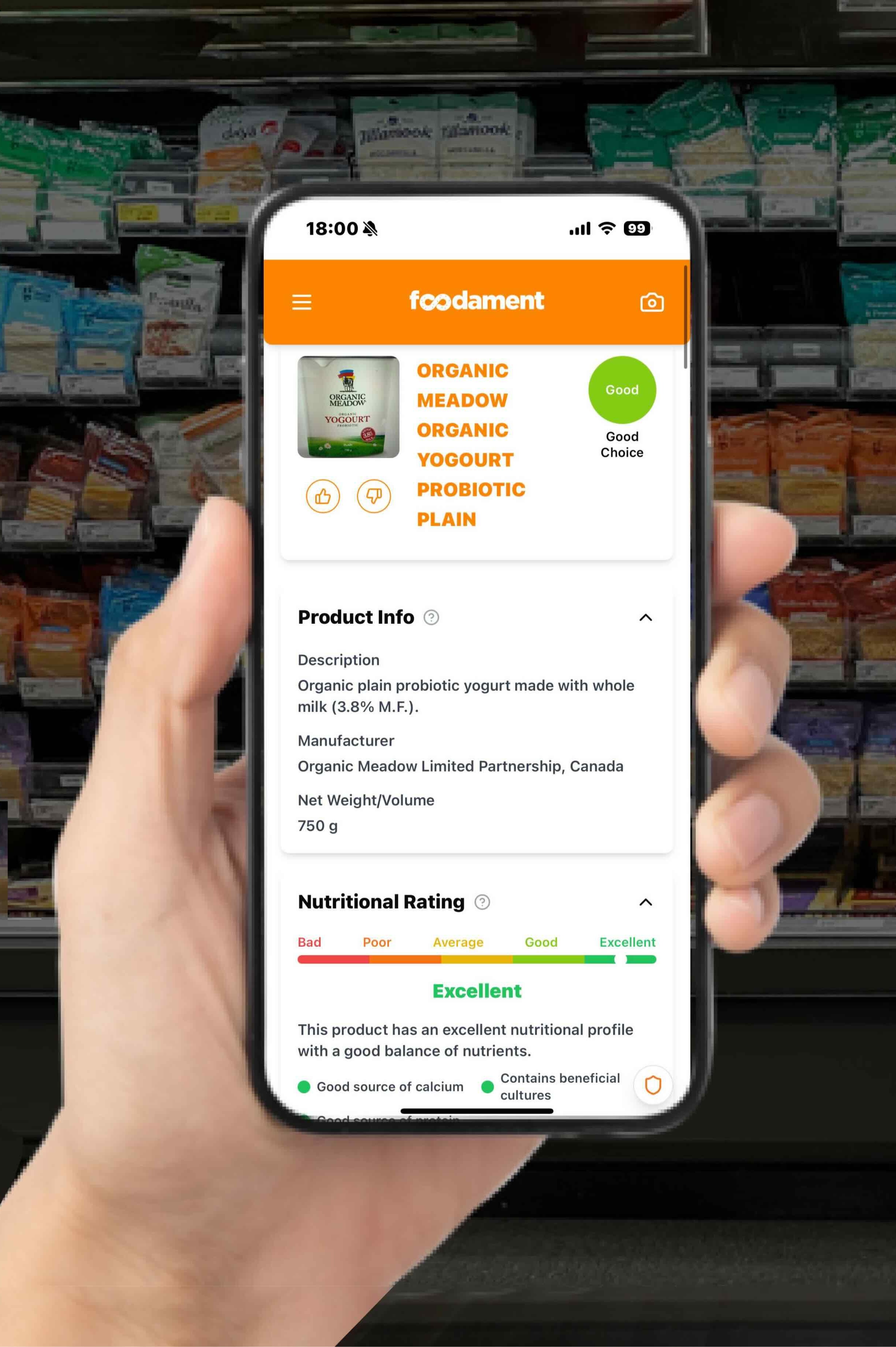 Hand holding smartphone with Foodament app analyzing organic yogurt nutrition in grocery store
